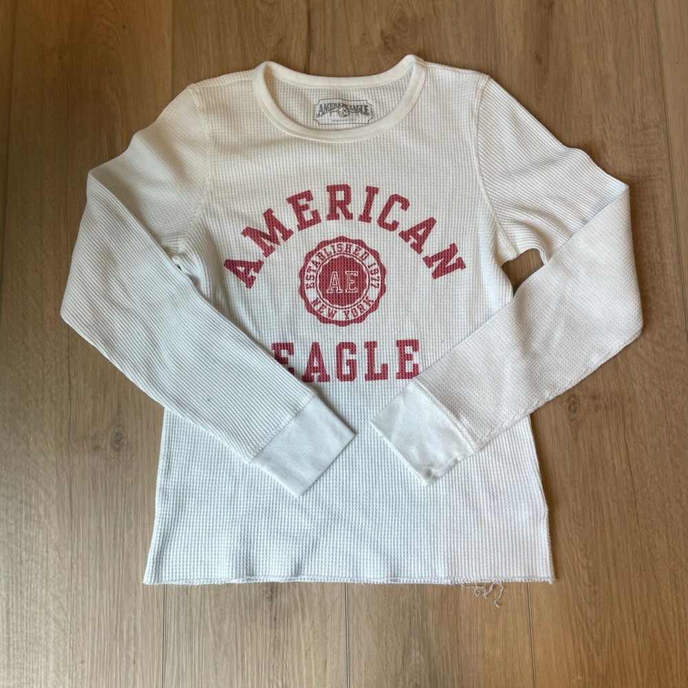 American Eagle Mens White Waffle Knit Thermal Long Sleeve Graphic Shirt Medium